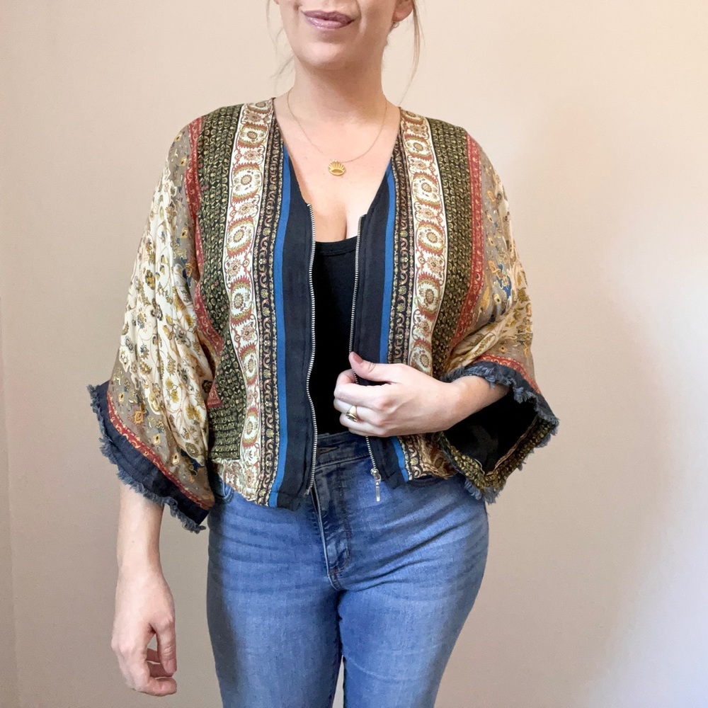 Zara Boho Scarf Print Fringe Kimono Sleeve Zip Blouse XS - Picture 3 of 13